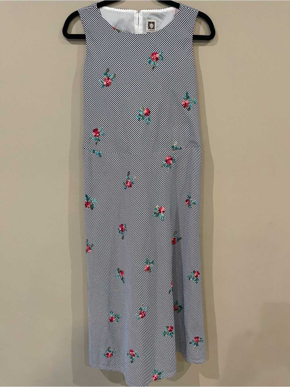 Anne Klein Navy & White Striped Midi Dress with Pink Floral Embroidery